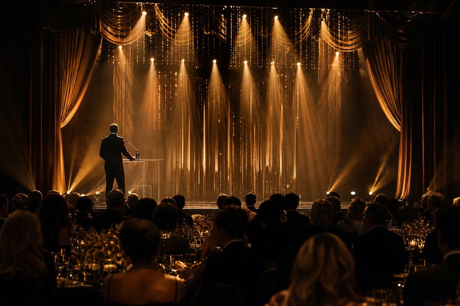 Zenit Event - scena głównej gali w złotym świetle i delikatnym dymie